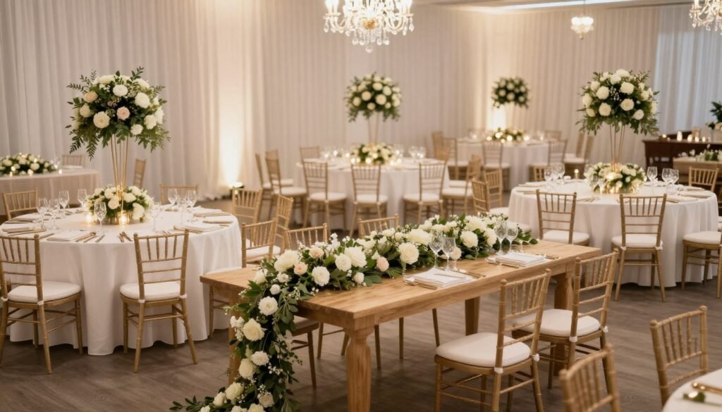 Different centerpiece styles for round and rectangular wedding tables
