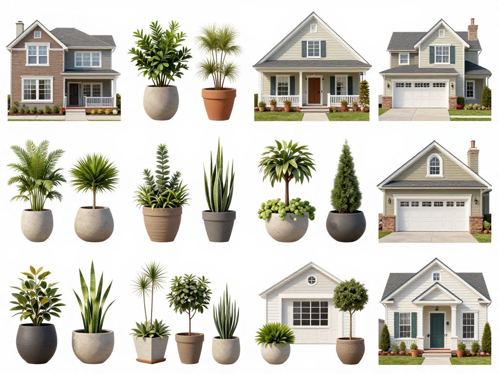 Different planter styles matched with corresponding home architectural styles showing cohesive design Different planter styles matched with corresponding home architectural styles showing cohesive design