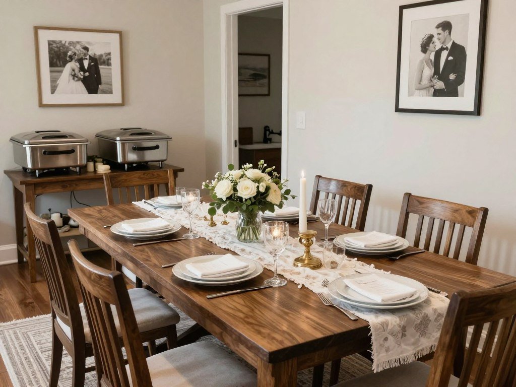 Dining room decorated for bridal shower in home venue