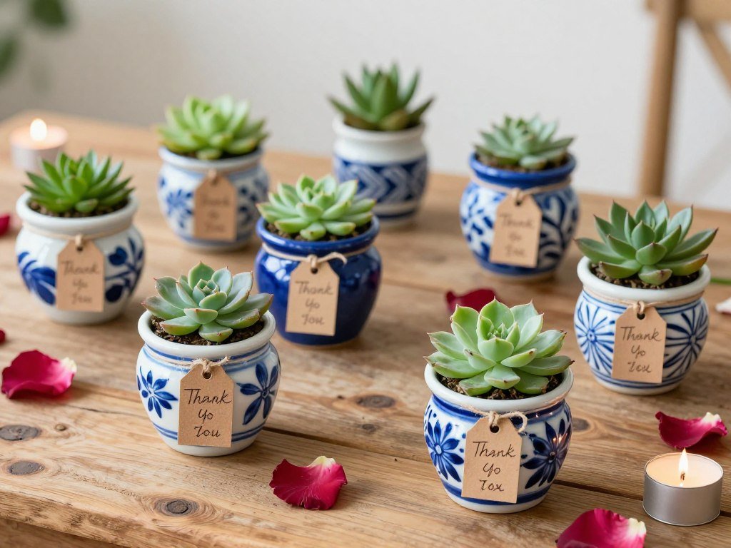 Display of small Talavera favor pots with succulents and personalized thank you tags Display of small Talavera favor pots with succulents and personalized thank you tags