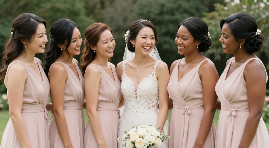 Diverse group of bridesmaids in blush pink dresses showing various skin tones