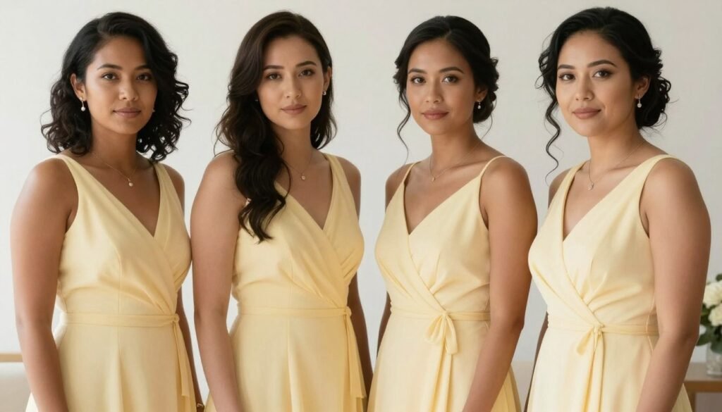 Diverse group of bridesmaids with different skin tones wearing butter yellow dresses