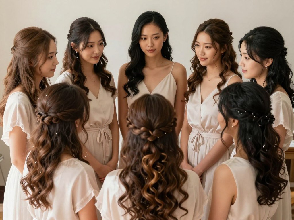 Diverse hair types styled cohesively in bridal party Diverse hair types styled cohesively in bridal party