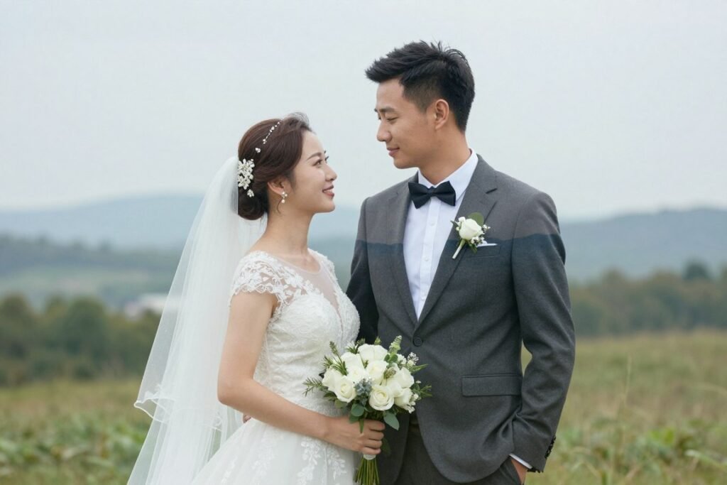 Double exposure photo of couple with landscape overlay