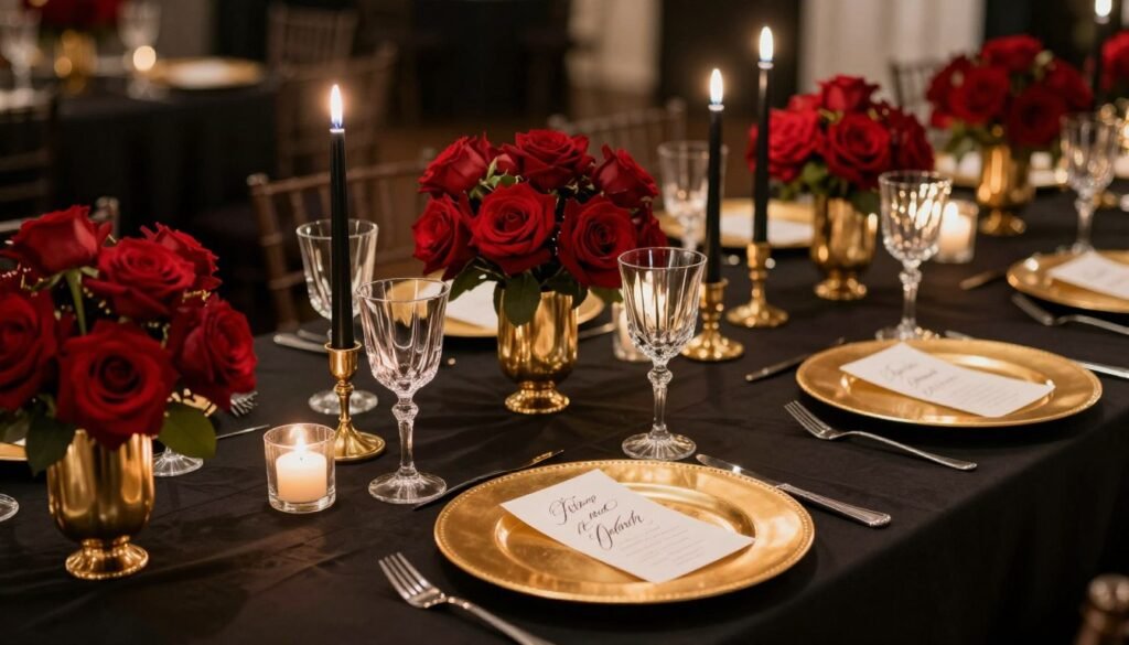 Dramatic black and gold wedding table decoration with red roses