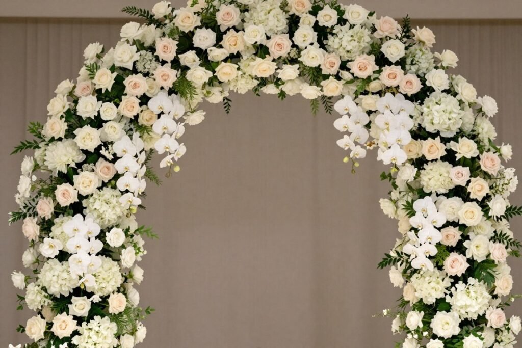 Dramatic floral wedding arch with abundant flowers Dramatic floral wedding arch with abundant flowers