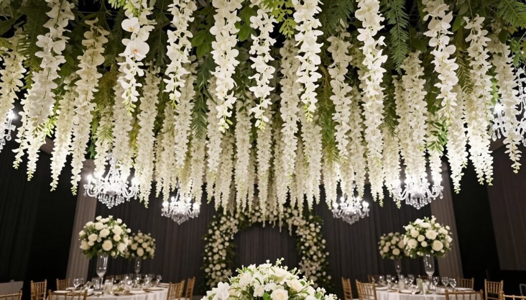 Dramatic hanging floral installation above wedding reception tables Dramatic hanging floral installation above wedding reception tables