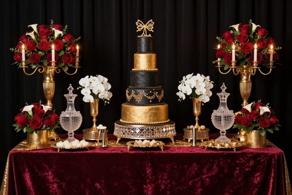 Dramatic luxury wedding cake table with rich fabrics, opulent flowers, and crystal elements