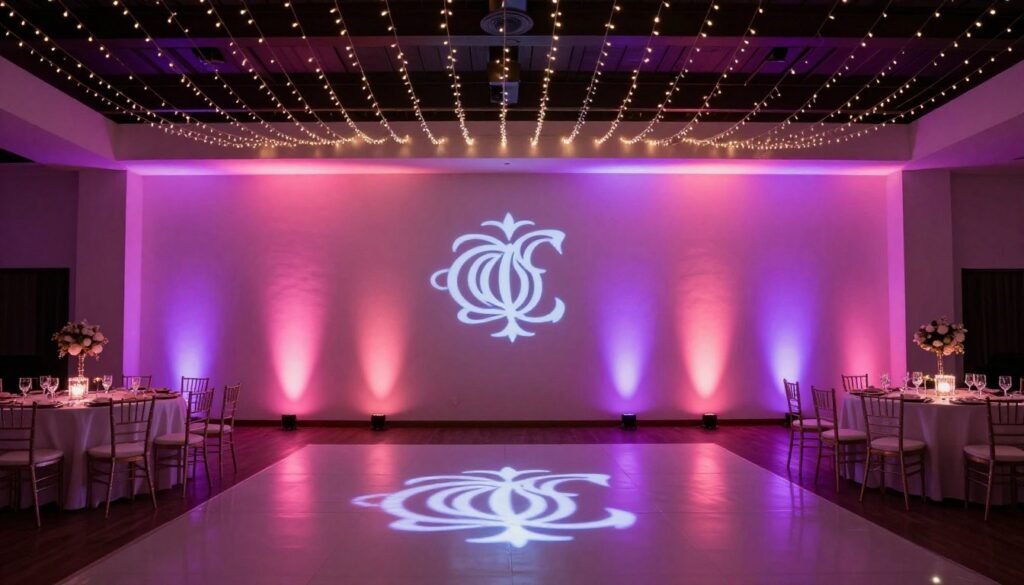 Dramatic quinceañera lighting decorations with uplighting, gobo projections, and fairy lights creating a magical atmosphere Dramatic quinceañera lighting decorations with uplighting, gobo projections, and fairy lights creating a magical atmosphere