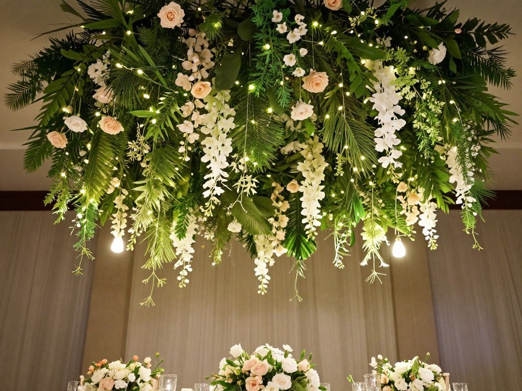 Dramatic suspended floral installation above wedding head table