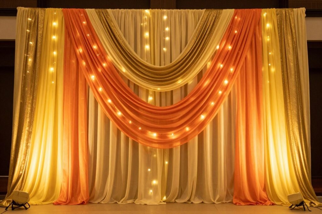 Draped fabric backdrop with fairy lights for haldi ceremony