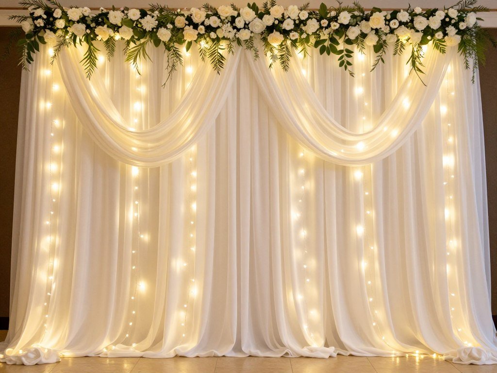 Draped fabric wedding backdrop with fairy lights and floral swags