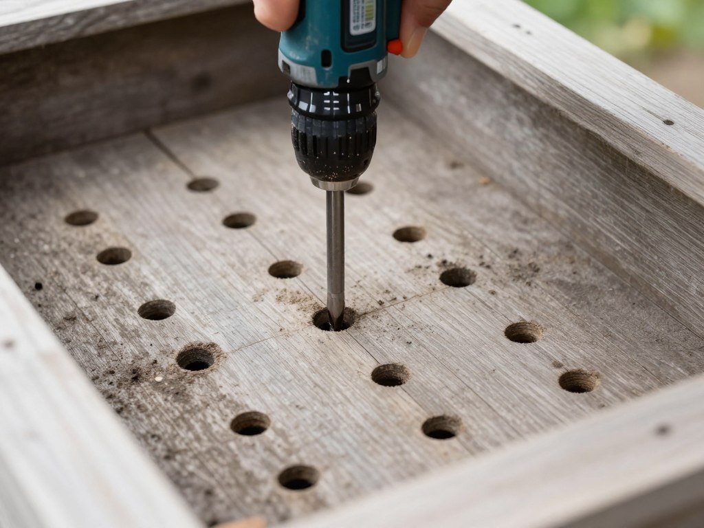 Drilling drainage holes in the bottom boards of a raised planter box