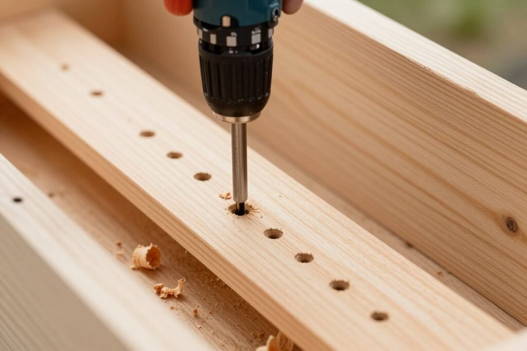 Drilling drainage holes in the bottom of the planter box
