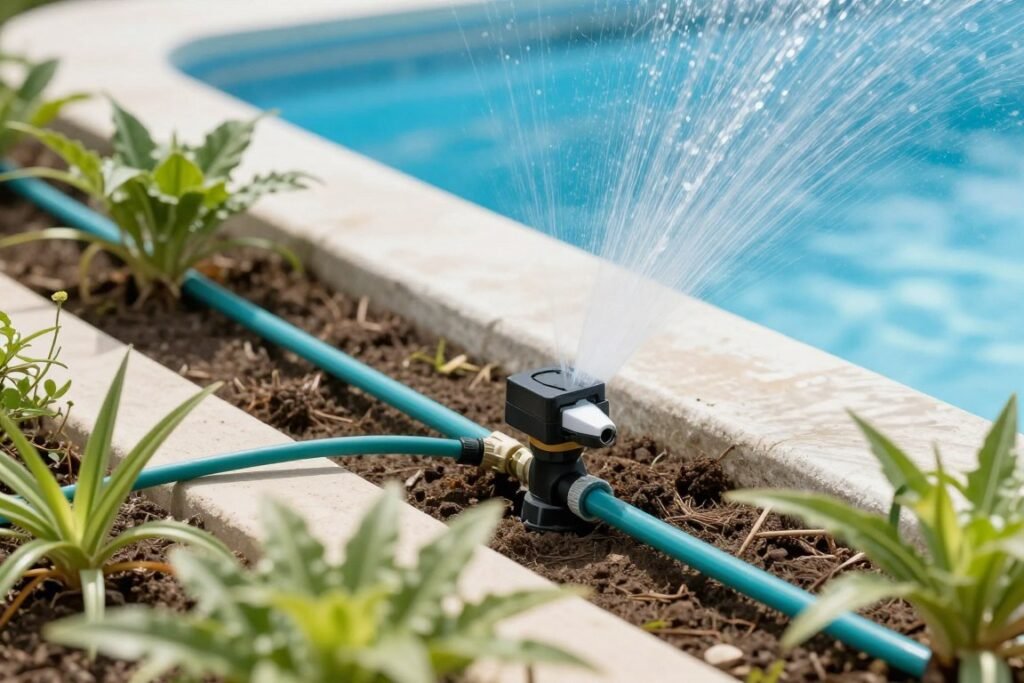 Drip irrigation system installed in planters around a pool for automatic watering Drip irrigation system installed in planters around a pool for automatic watering