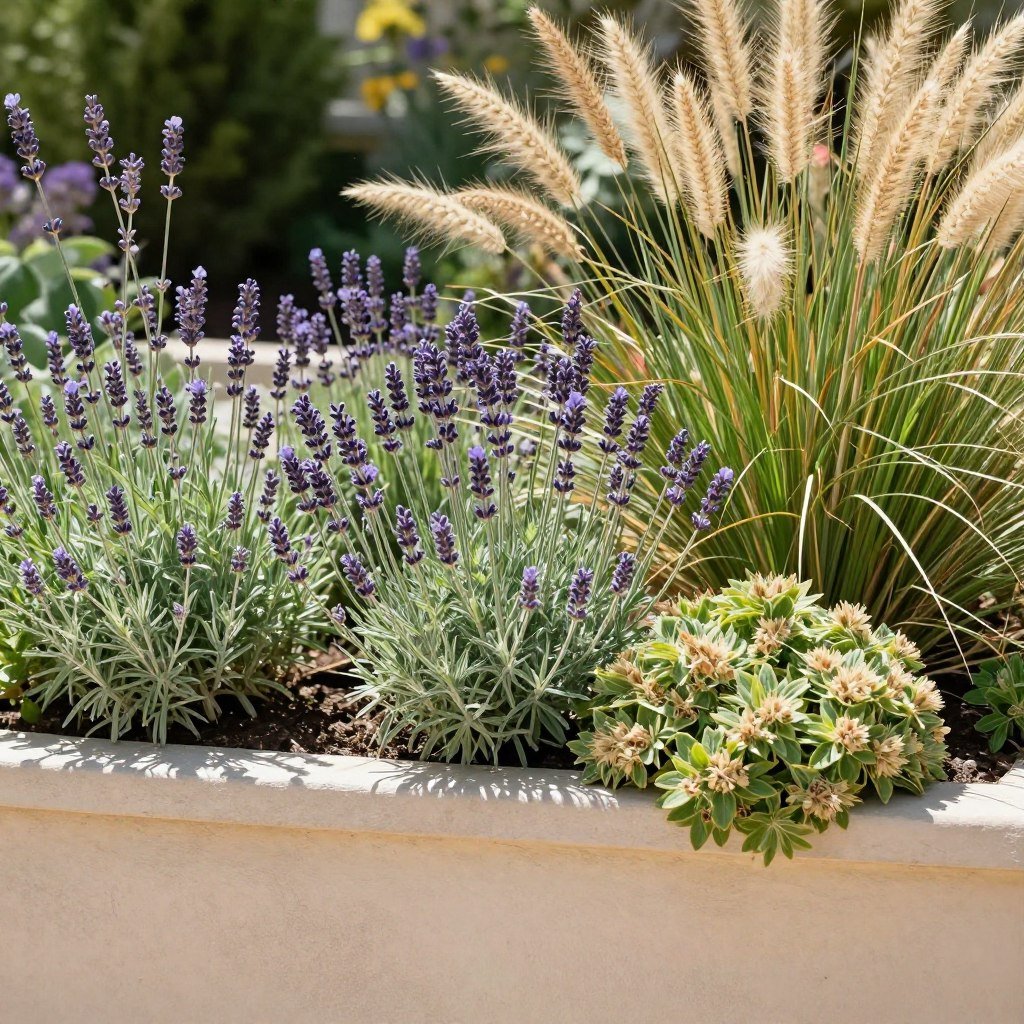 Drought-tolerant perennials thriving in outdoor wall planters in sunny location