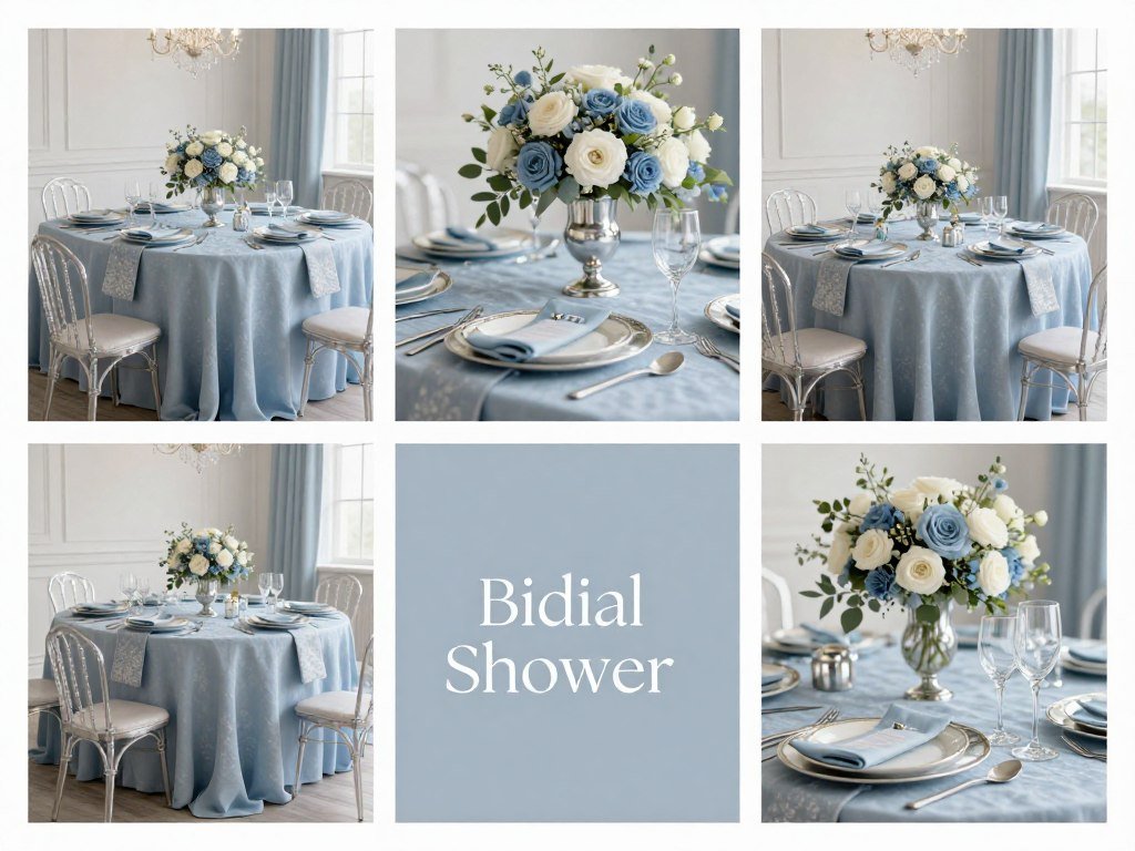 Dusty blue and silver bridal shower color palette with sample decorations