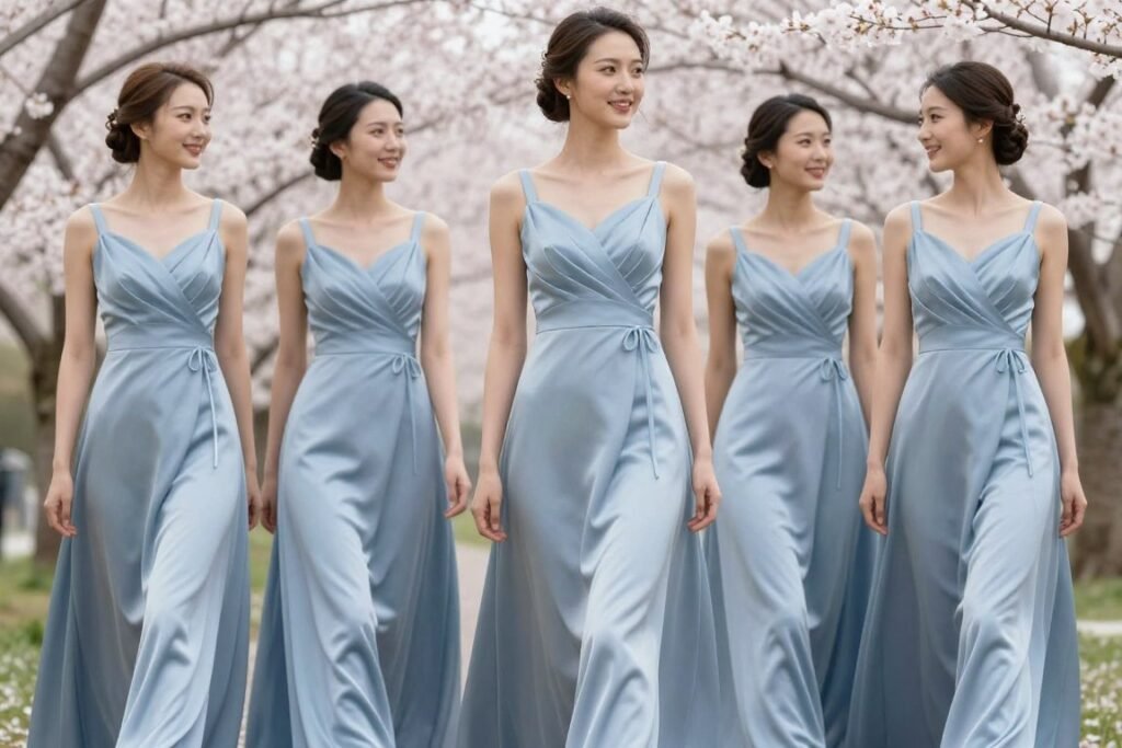 Dusty blue bridesmaid dress outdoor spring setting