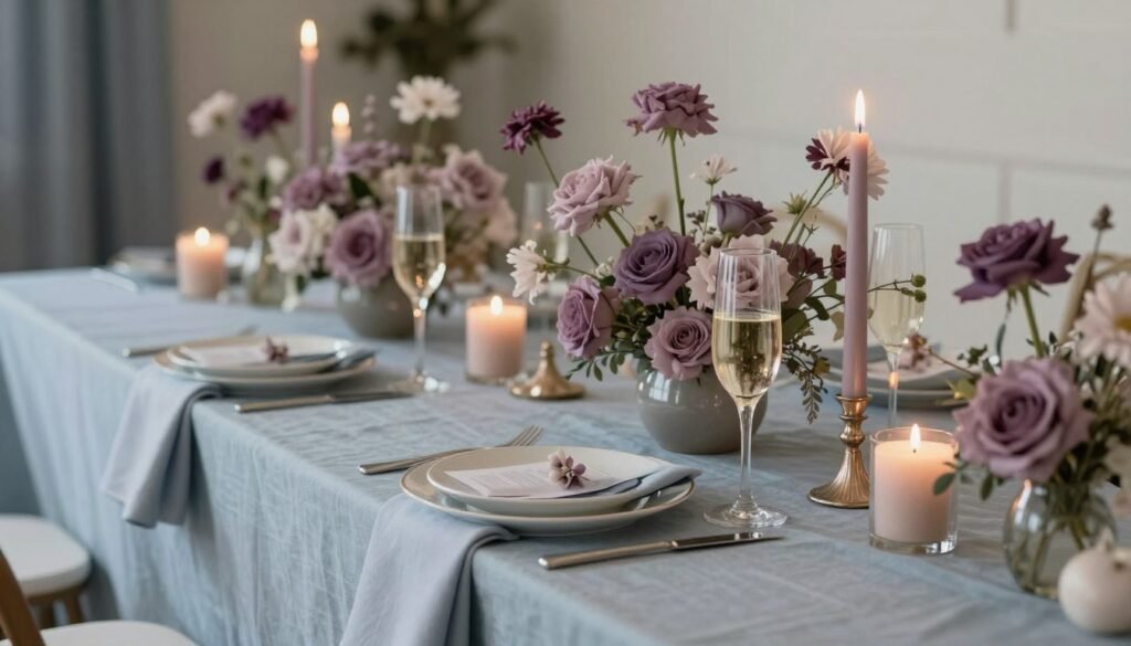 Dusty blue mauve and champagne bridal shower color scheme decorations