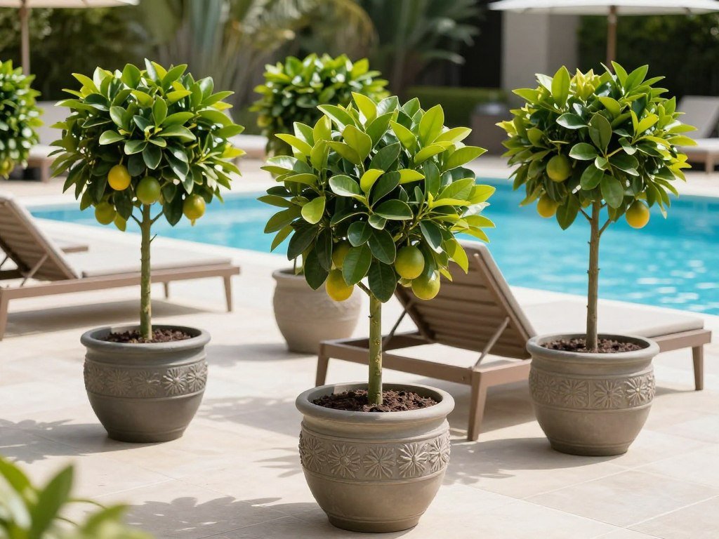 Dwarf citrus trees in decorative planters arranged around pool seating areas Dwarf citrus trees in decorative planters arranged around pool seating areas