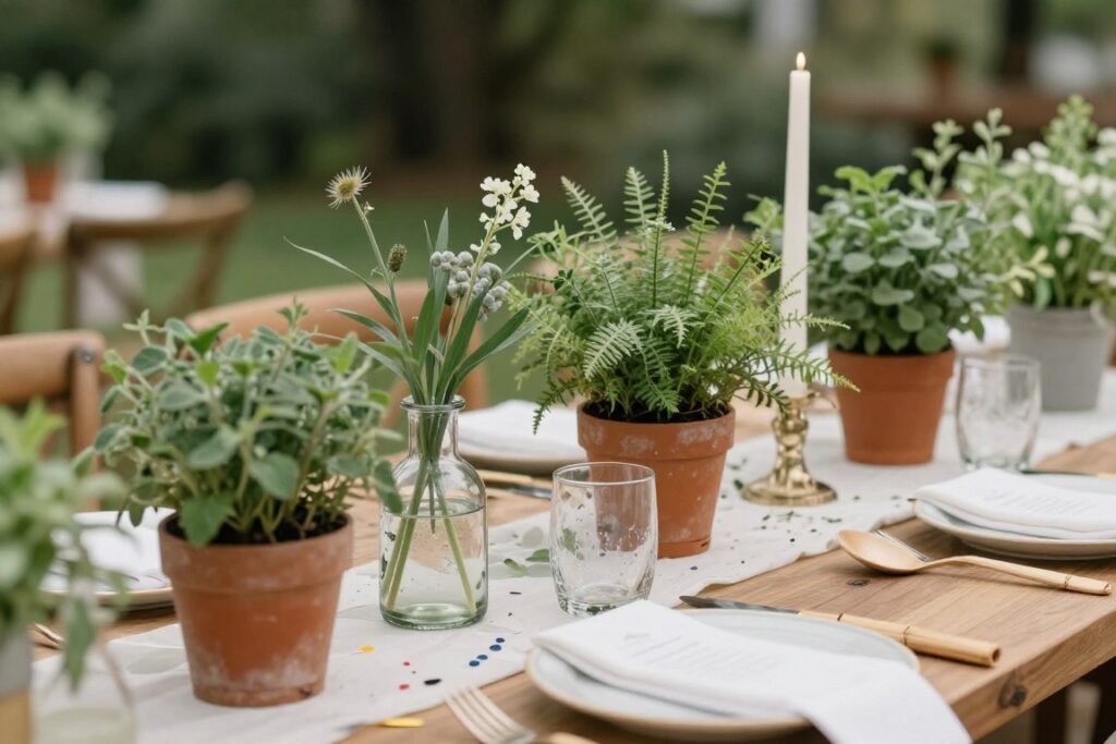 Eco-friendly wedding decor with potted plants, recycled glass, and sustainable materials
