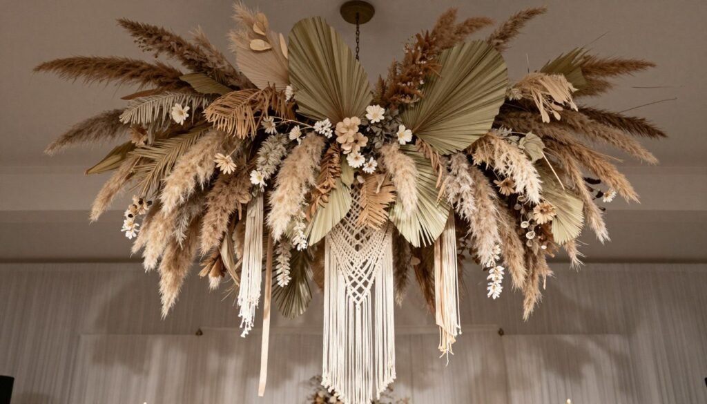 Elaborate bohemian hanging installation with dried flowers, pampas grass, and macrame