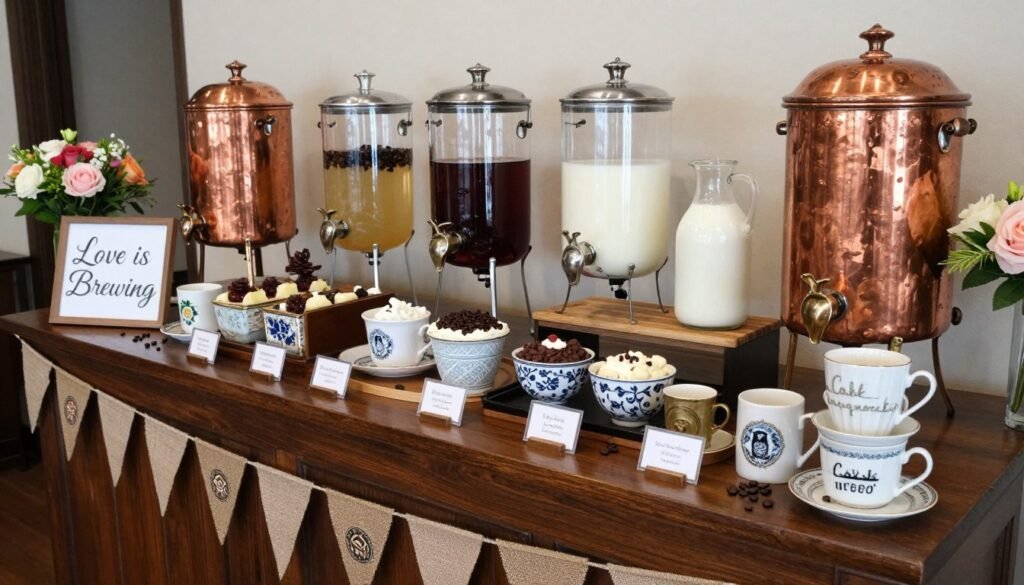 Elaborate coffee bar setup with urns, syrups, and decorations for love is brewing bridal shower