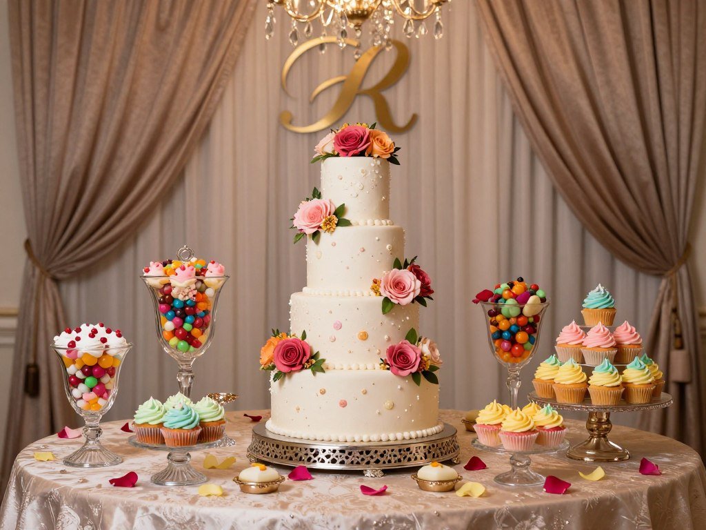 Elaborate quinceañera dessert table with tiered cake, cupcake tower, and color-coordinated sweets creating a stunning visual display Elaborate quinceañera dessert table with tiered cake, cupcake tower, and color-coordinated sweets creating a stunning visual display