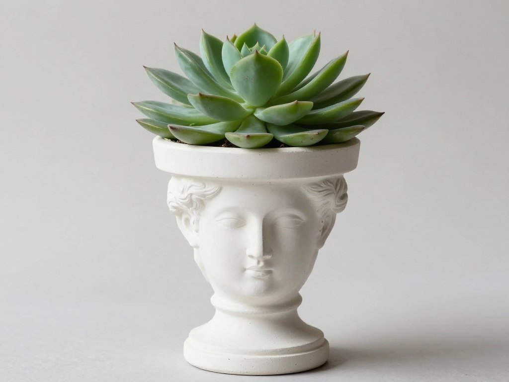 Elegant Greek-style head planter with a succulent plant resembling hair Elegant Greek-style head planter with a succulent plant resembling hair