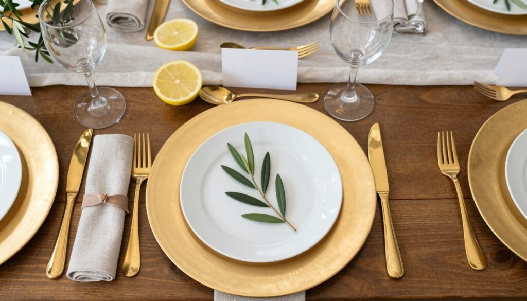 Elegant Italian bridal shower place setting with gold charger and white plates