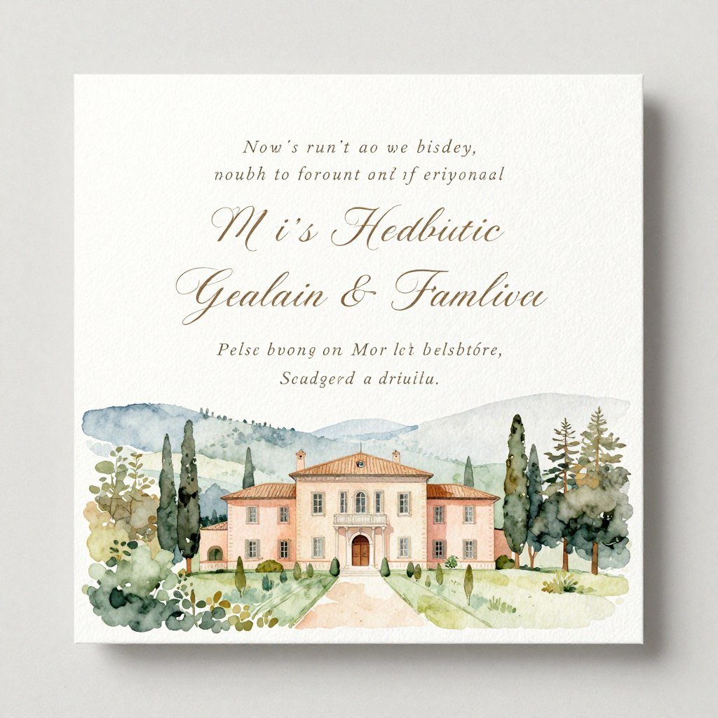 Elegant Italian villa themed bridal shower invitation with watercolor landscape