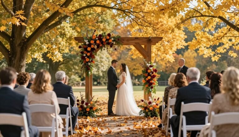 Elegant October wedding ceremony setup with fall foliage and autumn decorations