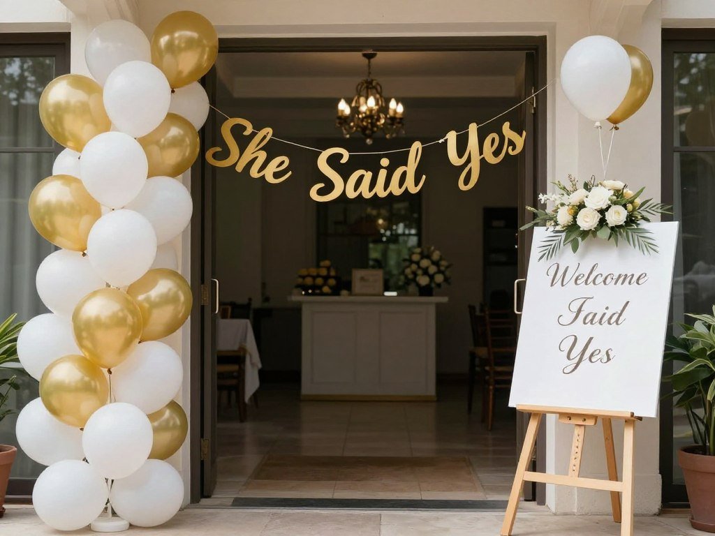 Elegant 'She Said Yes' banner and welcome sign at engagement party entrance