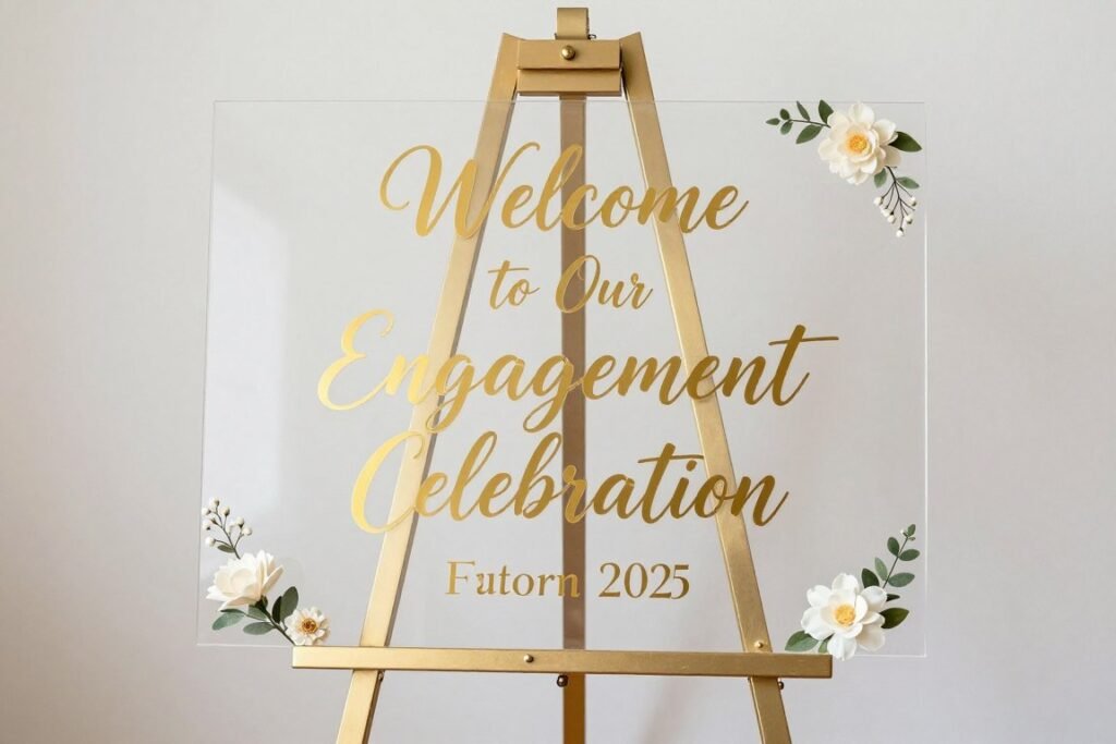 Elegant acrylic welcome sign with gold calligraphy for engagement party