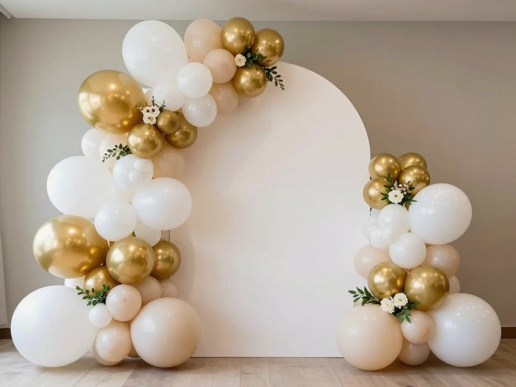 Elegant balloon arch in white, gold and blush colors for engagement party