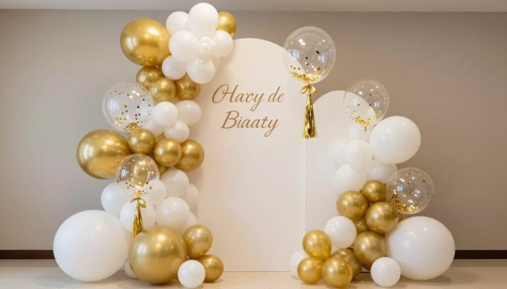Elegant balloon decoration setup with gold, white and clear balloons forming an organic display