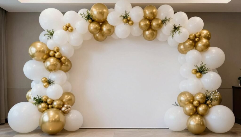 Elegant balloon garland backdrop decoration in gold and white for a wedding reception