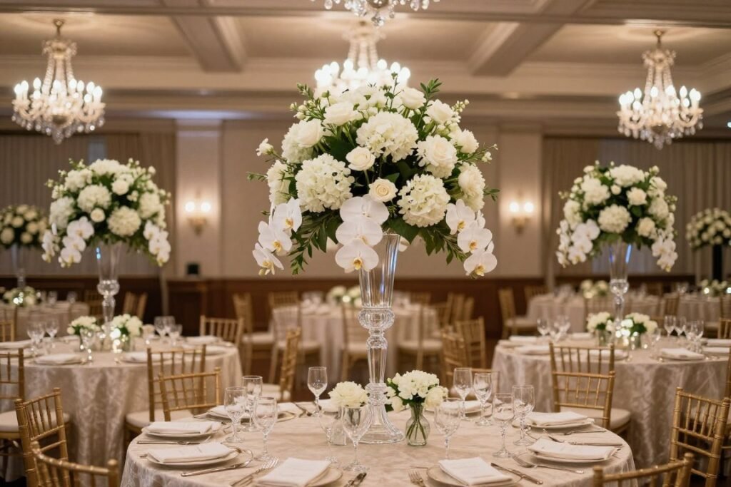 Elegant ballroom wedding with formal floral centerpieces Elegant ballroom wedding with formal floral centerpieces