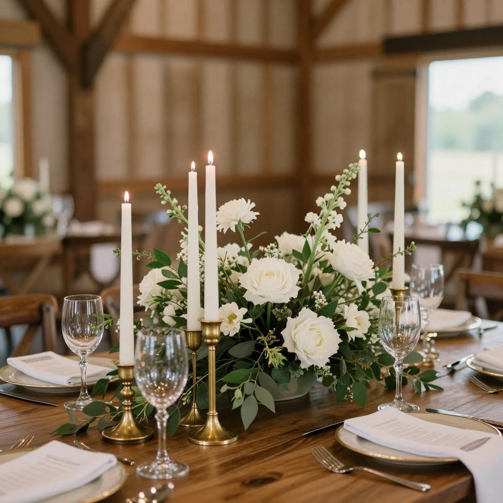 Elegant barn wedding table centerpiece with tall candles, greenery, and white flowers Elegant barn wedding table centerpiece with tall candles, greenery, and white flowers