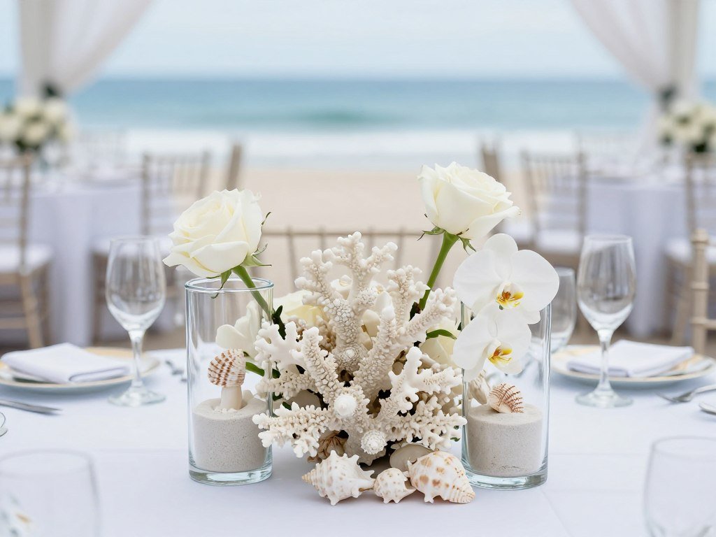 Elegant beach wedding centerpiece with shells