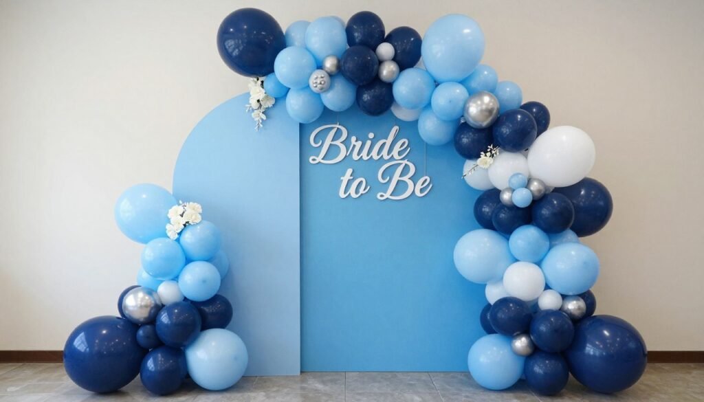 Elegant blue balloon arch backdrop with 'Bride to Be' sign and floral accents