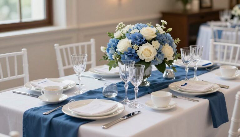 Elegant blue bridal shower table setting with floral centerpieces, blue table runners, and white accents