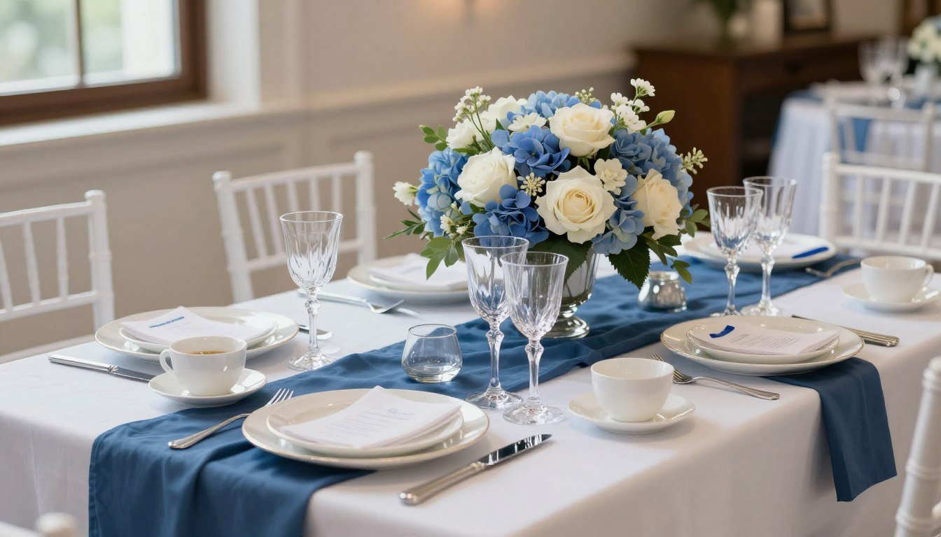 Elegant blue bridal shower table setting with floral centerpieces, blue table runners, and white accents
