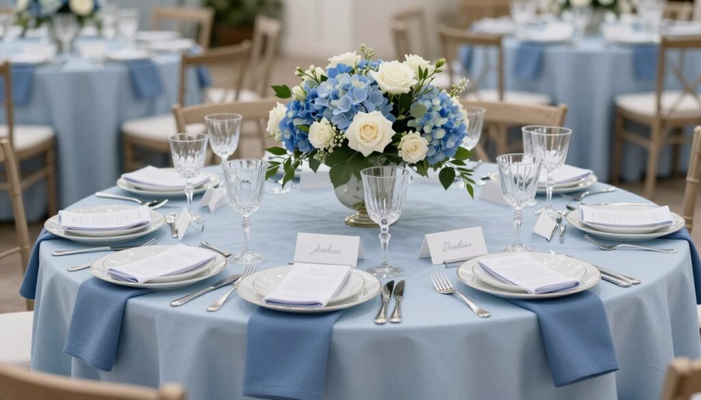 Elegant blue bridal shower table setting with layered linens, fine china, and floral centerpieces