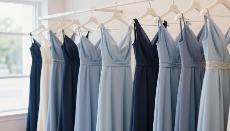Elegant blue bridesmaid dresses in various shades displayed in a bright bridal boutique