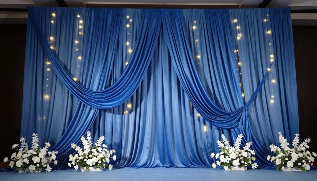 Elegant blue fabric backdrop with fairy lights and floral accents