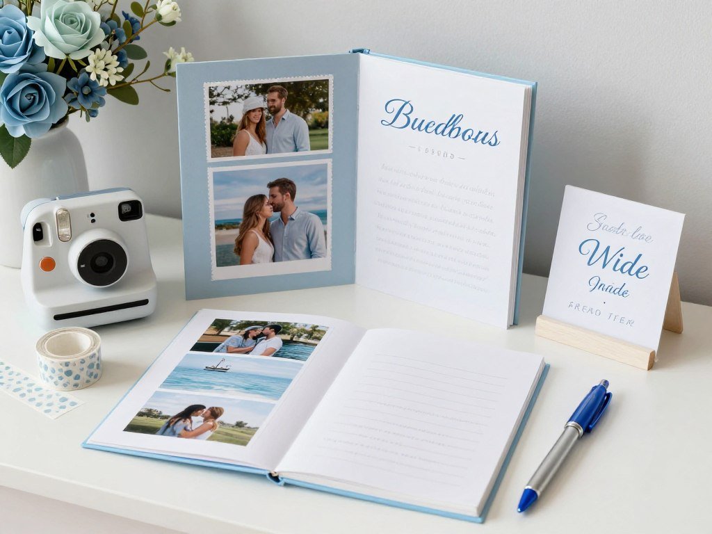 Elegant blue guest book display with polaroid camera, photo corners, and pens