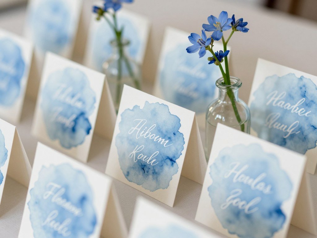 Elegant blue watercolor place cards with calligraphy and small blue floral accents