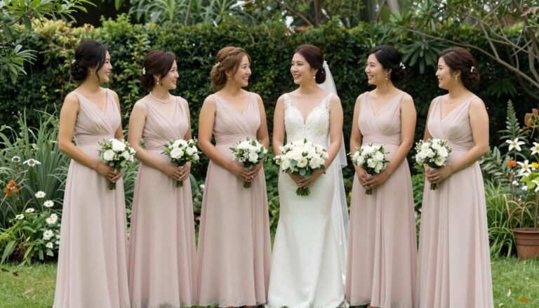 Elegant blush pink bridesmaid dresses in outdoor garden wedding setting