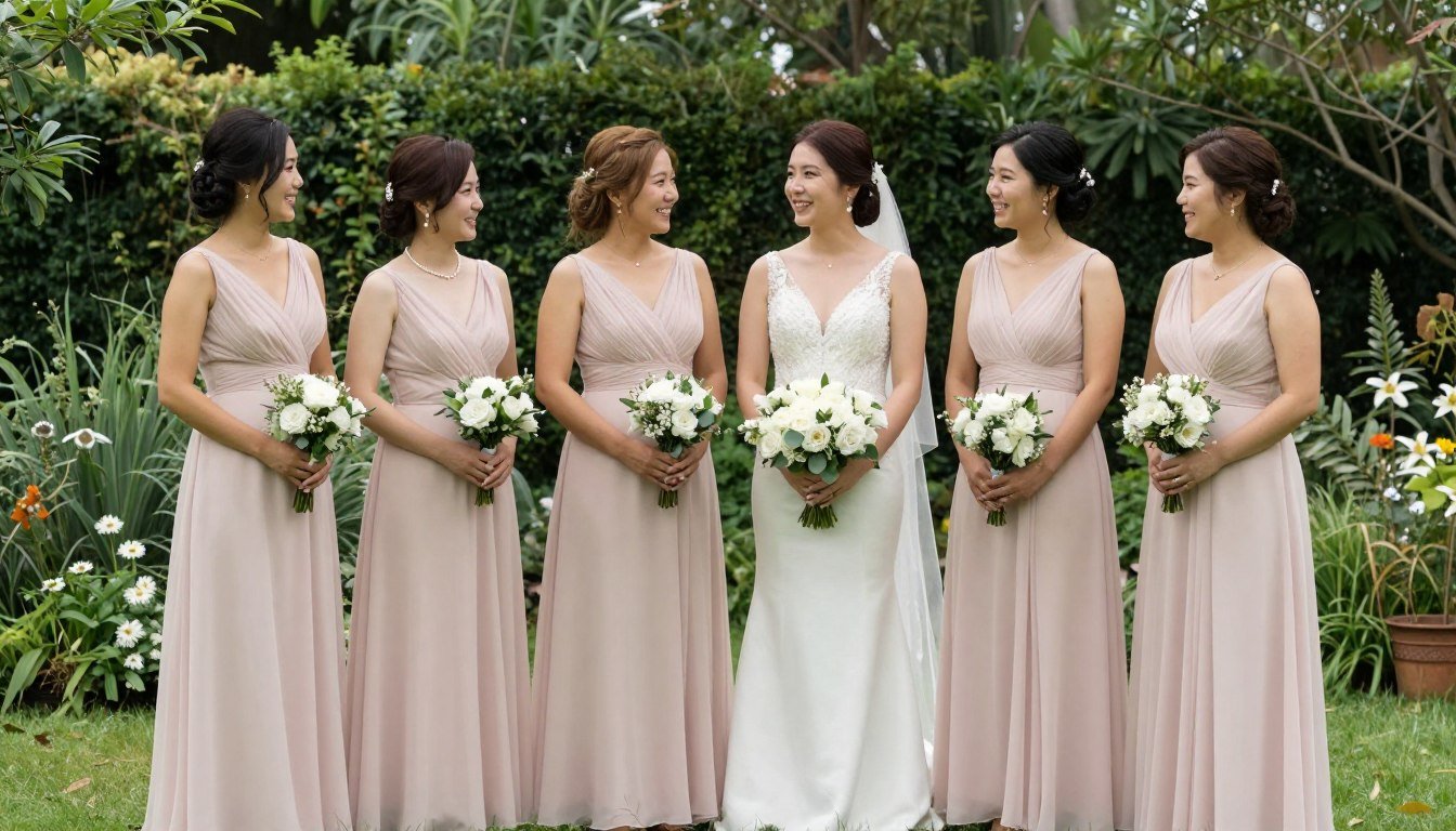 Elegant blush pink bridesmaid dresses in outdoor garden wedding setting